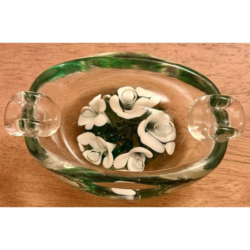 VTG Joe St Clair Glass Ashtray Paperweight Bubbles White Flowers 5"